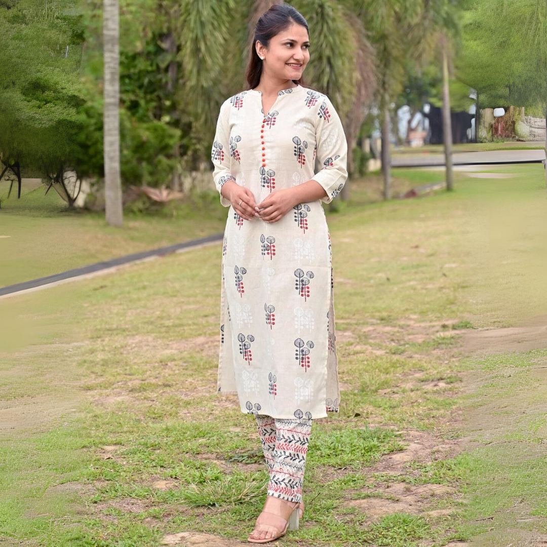 Off-White Printed Cotton Straight Kurta With Trousers